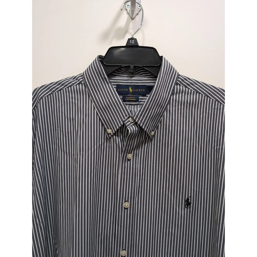 Polo Ralph Lauren Button Down Men XXL Gray White Striped Performance Classic Fit